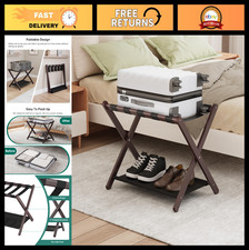Foldable Brown Bamboo Luggage Rack - Suitcase Stand with Storage Shelf, Easy Ass