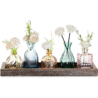 Mini Glasvasen Set bunt mit Holztablett Tischdeko Wohnzimmer Büro Geschenk - Bild 1 von 4