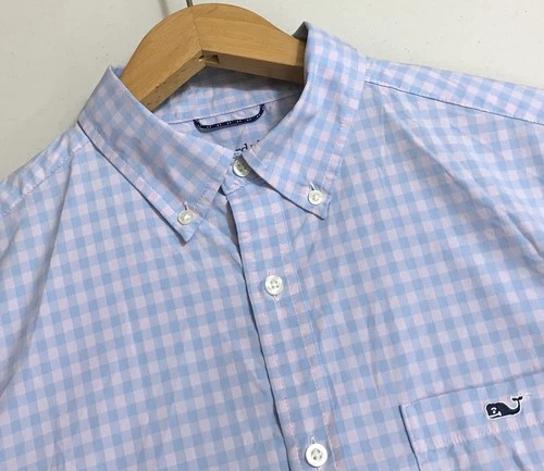 Vineyard Vines Men's Featherweight Performance Blue Pink Gingham Shirt Size M