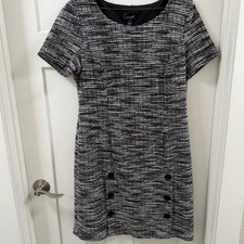 Connected Women Black  & White Tweed Round Neck Double Button Accents Dress 14