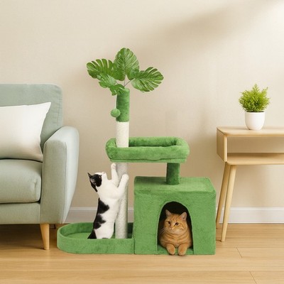 36'' Green Leaves Cat Tree Tower with Scratching Post, Cozy Condo, Padded Beds