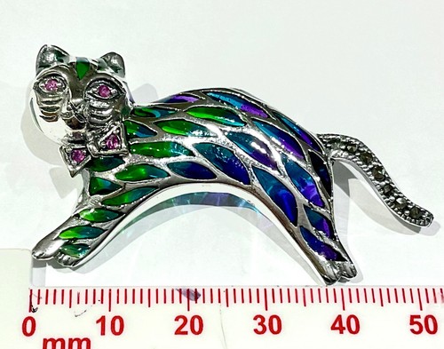 Sterling Silver Plique a Jour Ruby Marcasite Cat Kitten Pendant Brooch Lapel Pin - Picture 2 of 4