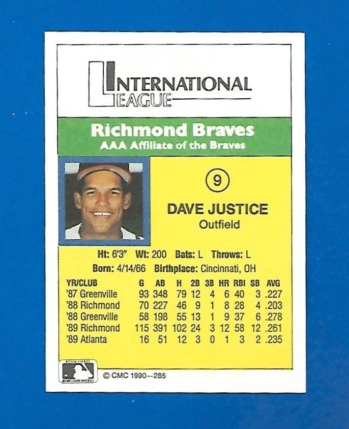 #285 DAVE JUSTICE 1990 CMC ROOKIE RC #9 PRO CARDS RICHMOND BRAVES ATLANTA - Image 2 of 2
