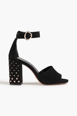 NWOB MAJE $360 Black Suede Studded Block Heel Open Toe Sandals