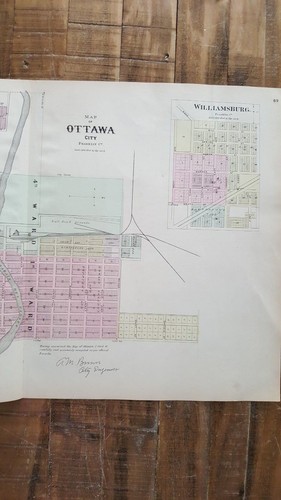 Antique Colored MAP - OTTAWA CITY + WILLIAMSBURG - 1887 KANSAS ATLAS - Picture 2 of 8