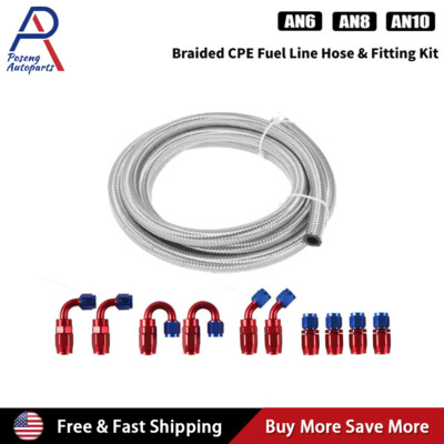 10/16/20ft Braided Fuel Hose Line w/ Swivel Hose End Fitting Kit 6AN|8AN|10AN