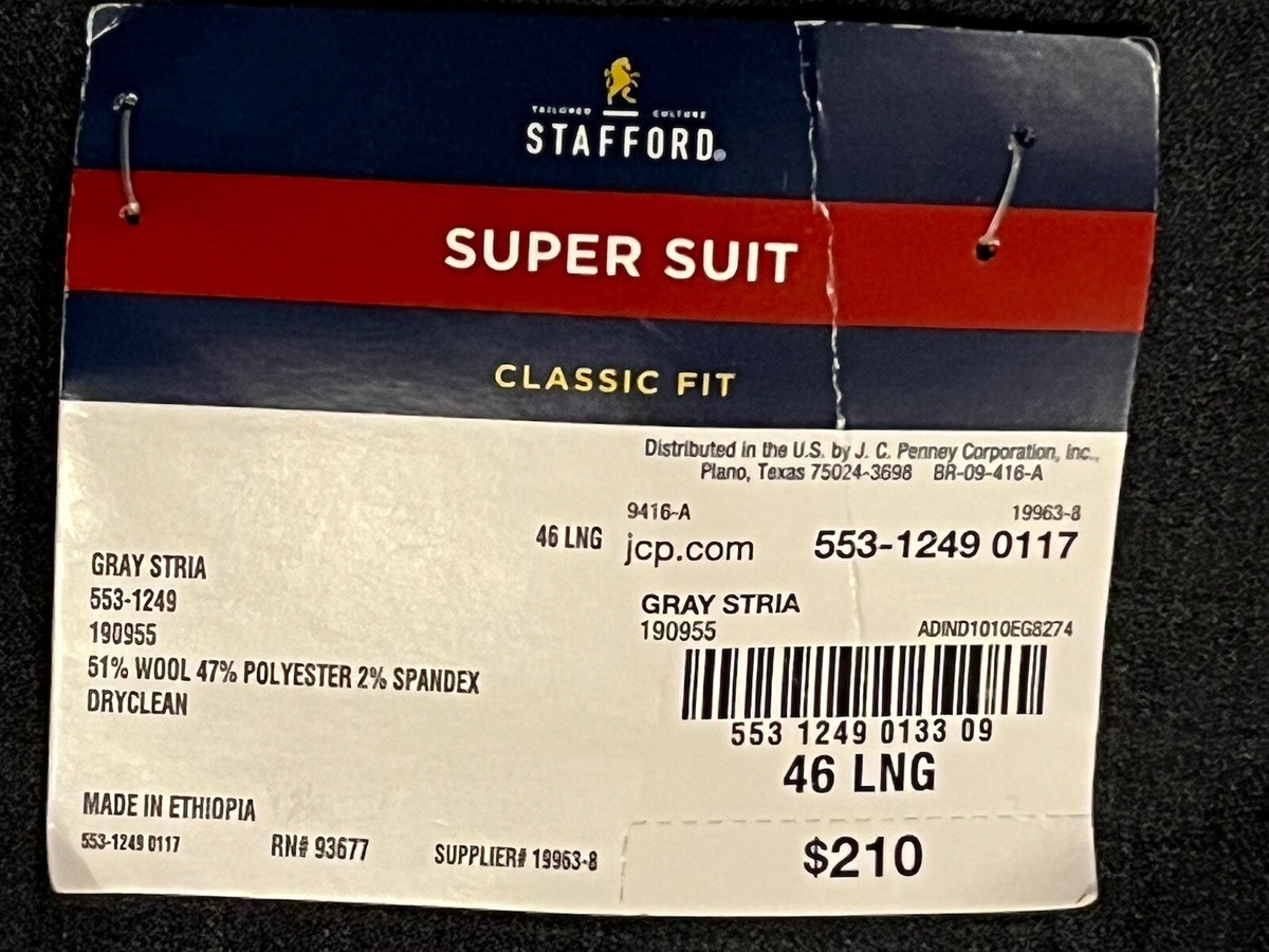 New w/ Tags Stafford 46 Long Gray Stria Sport Coat Blazer Jacket