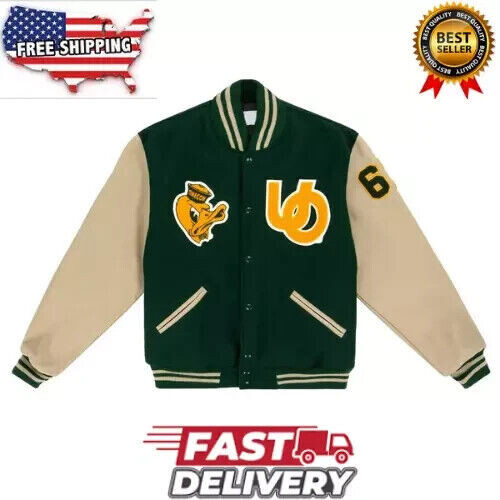 1967 Oregon Ducks Green Beige Wool Leather Varsity Jacket Free Shipping