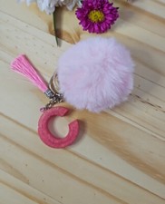 Handmade Resin Letter Keychain With Pom-pom - C Initial