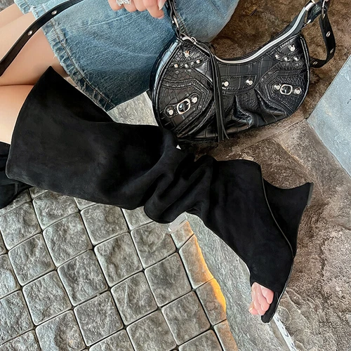 Women's Faux Suede Peep Toe Wedge Stretched Chic Slouchy Boots Sandal Shoes - Imagen 8 de 17