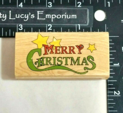 CMC Merry Christmas and Stars Rubber Stamp Canadian Maple Collections Wood Mount