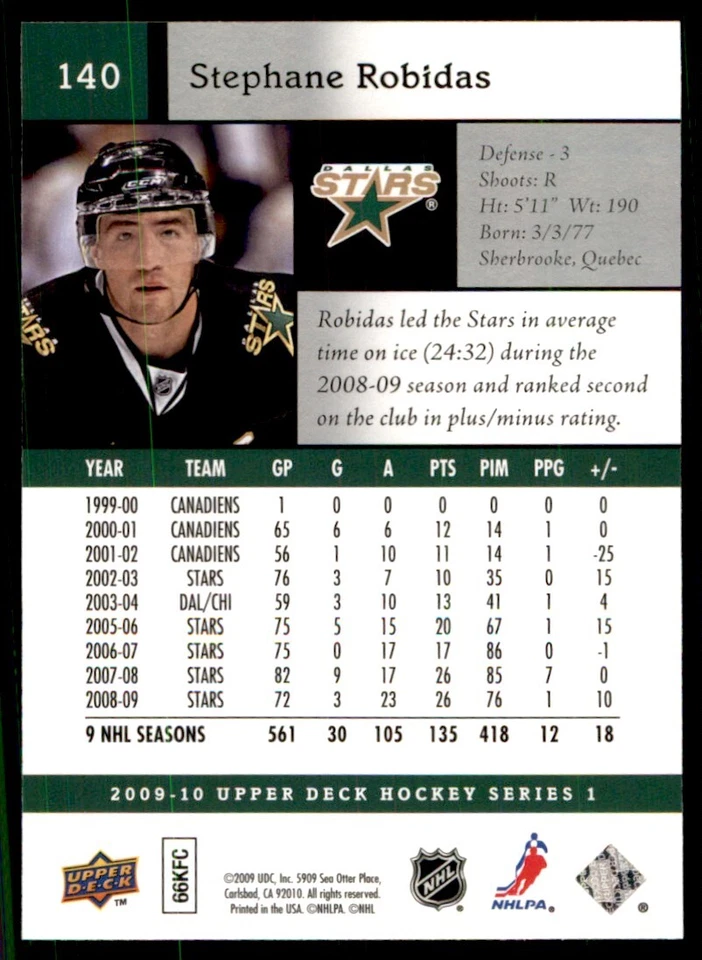 2009-10 Upper Deck Stephane Robidas Dallas Stars #140 - Image 2 of 2