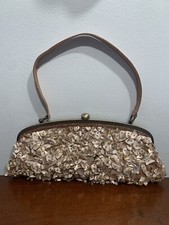 Vintage Beaded Beige Shell Purse Clutch With Satin Lining