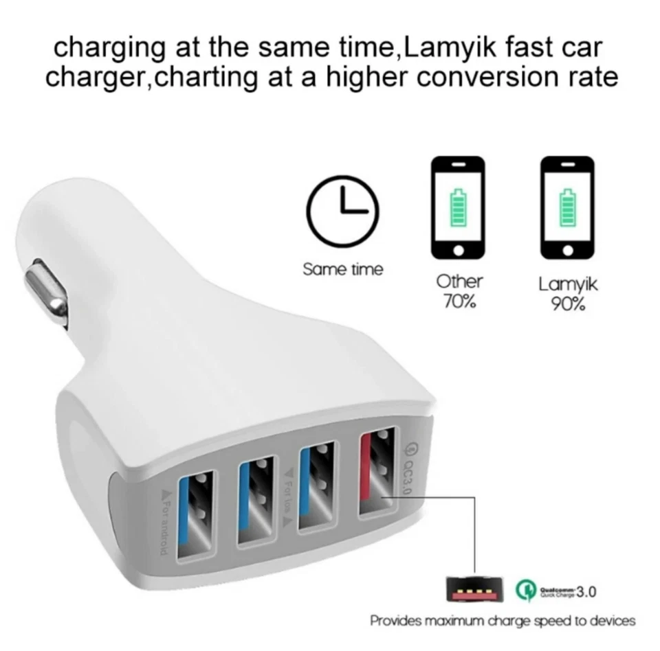  4 Port Fast Car Charger Cigarette Lighter USB Adaptor 12/24V Power Socket - Image 3 of 4