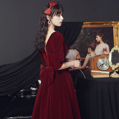 fashion square prom dresses Women Midi Dress Wedding Party Prom Gown Square Neck Button Half Sleeve Zip  Bow