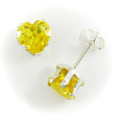 6mm HEART CZ Citrine Yellow Post or Stud Earrings in 925 Sterling Silver - NEW!