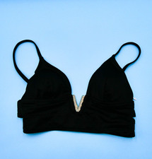 Victorias Secret XS Black Triangle Bling V Logo Lined Padded Bikini Top Swimwear