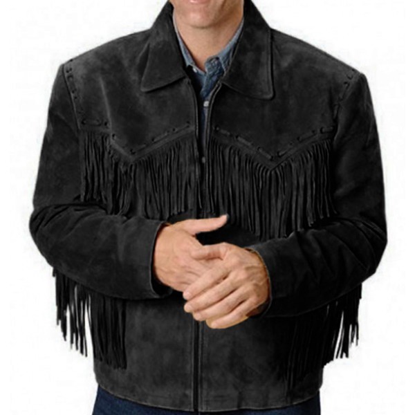 Mens Western Jacket Black Suede Leather Cowboy Fringe Native