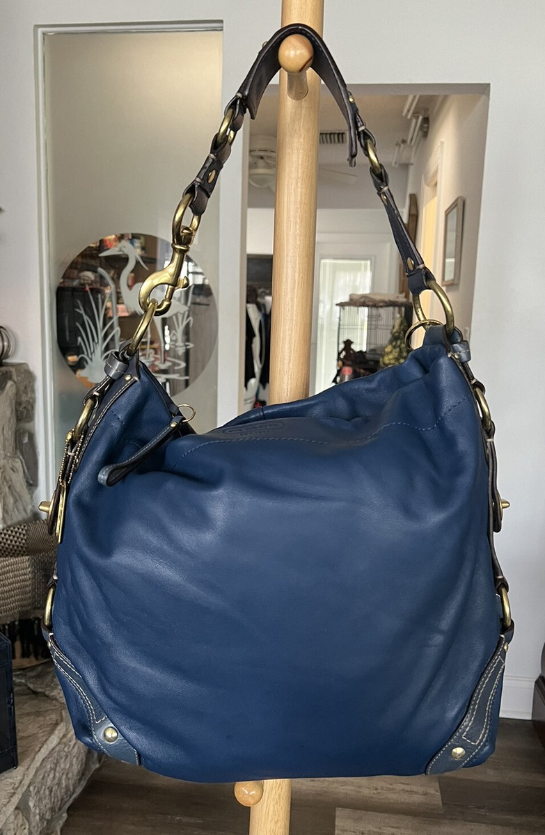 RARE! COACH LARGE BLUE LEATHER CARLY W/ COACH HEART KEY FOB