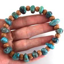 Blue Turquoise Bracelet Rough Nugget /Wood Beads Kingman Stretch Healing 8.25"