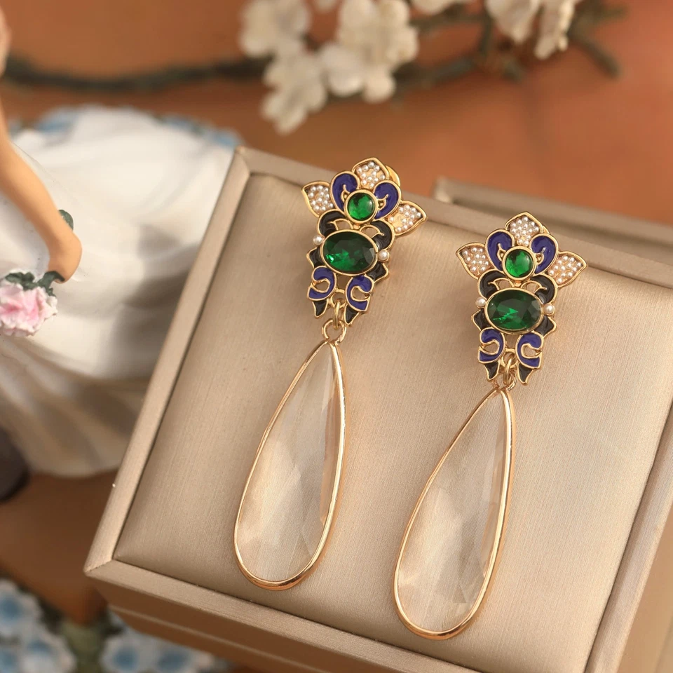 Ohrringe Clip On Kerzenständer Emaille Grün Tropf Lang Glas Golden Perle QD4 - Bild 2 von 4