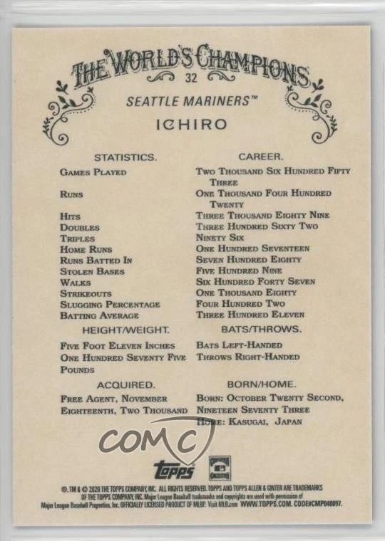 2020 Topps Allen & Ginter's X Ichiro Suzuki Ichiro #32 HOF - Image 2 of 2