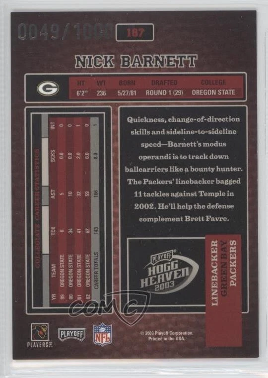 2003 Playoff Hogg Heaven Rookie /1000 Nick Barnett #187 Rookie RC - Image 2 of 2