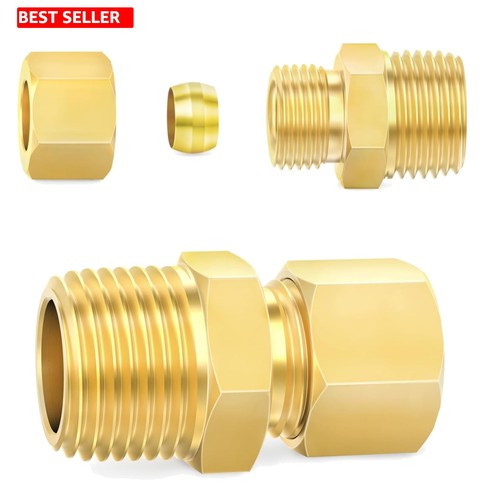 Brass Compression Tube Fitting 2 Pk 1/2x3/4 In OD NPT Male Union Connector Oil
