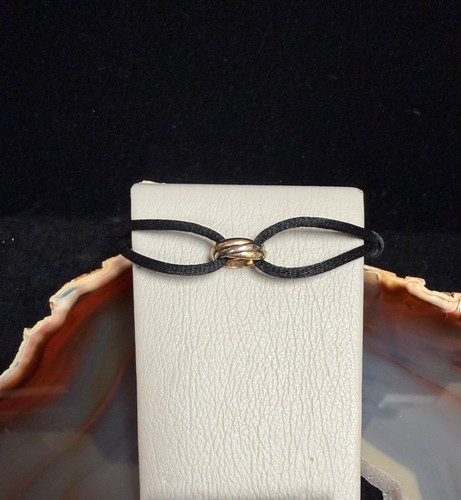Cartier Trinity 18k Tri Gold on Black Silk Cord Bracelet Fits 5.5" to 8.75"