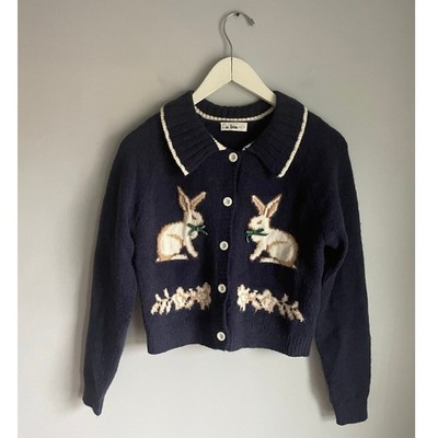 Cottagecore Bunny Cardigan Navy Blue In Loom size Small Whimsical Twee Unique
