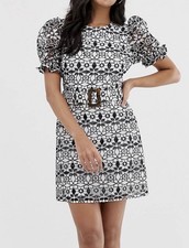 ASOS Black White Lace Mesh Floral Dress Belted Sz 12 BNWT Wedding Occasion