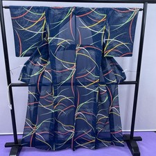 Dark Blue-Green Summer Kimono, Colorful Pattern, Silk-like Trim, Used