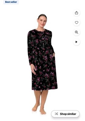 Aria Collections Nightgown Women's Size M (8/10) Velour Black Floral Lounge Wear