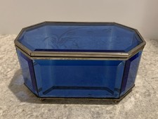 Vintage Blue Hexagonal Beveled Glass Trinket Jewelry Box Etched 7  x 4  x 3.75  