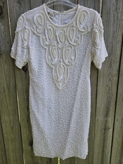 White Beaded Cee Cee Vintage Formal Dress S Silk Classy Rich 1980s