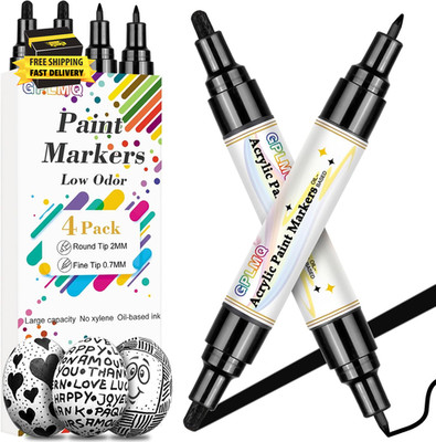 Black Paint Pens - 4 Pack Dual Tip Acrylic Paint Markers (0.7Mm & 3Mm), Non-Toxi
