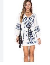 Free People Women’s Size S Boho Mini Dress Embroidered Blue White Festival