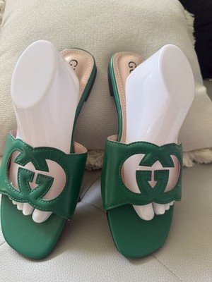 Women s fashion Gucci Green Slide Sandals Logo Accent Slip On Solid 38