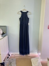 David’s Bridal High Neck, floor length Navy Lace Top Prom Dress