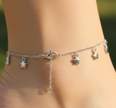 Elegant 925 Silver Plated Anklet Minimalist Boho Star Charm Pattern Design