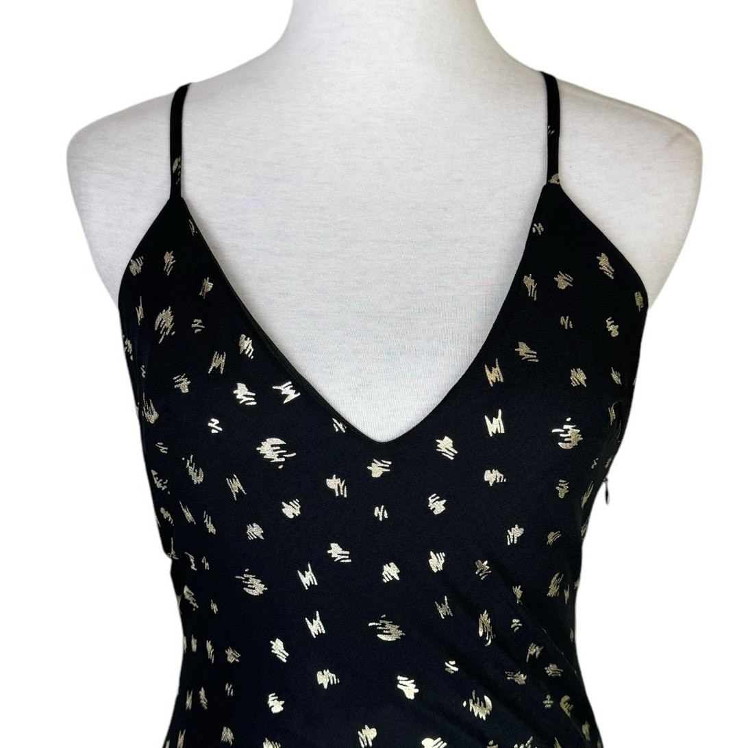 Nasty Gal NWT 4 Gold Metallic Abstract Polka Dot Black Strappy Mini Slip Dress