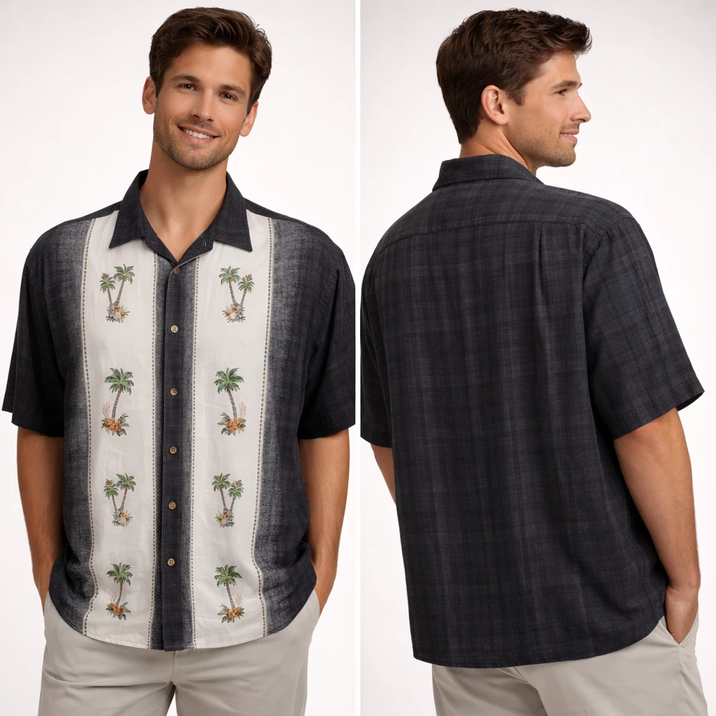 Batik Bay Camp Shirt Men’s XXL Black/Cream Rayon Palm Panel Aloha Hawaiian