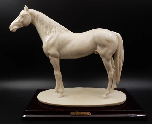 VINTAGE G. ARMANI PORCELAIN WHITE HORSE SCULPTURE FIGURINE STATUE ON WOODEN BASE