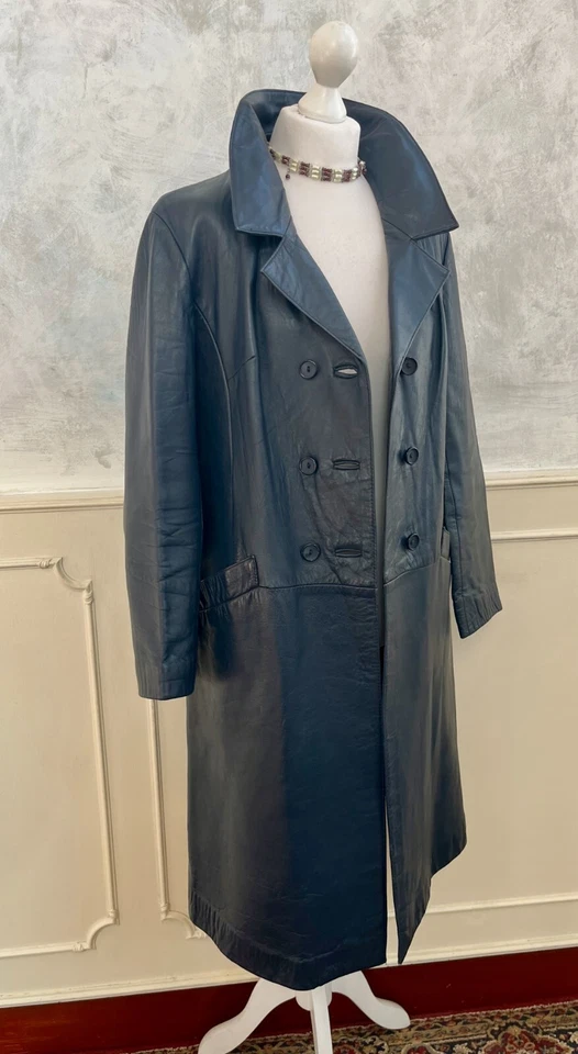 Vintage 1970's Midnight Blue Real Leather Retro Unisex Matrix Trench Coat 14 - Image 3 of 4