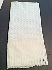 Vintage Friemanit Baby Blanket Blue White Crocheted Knit Fringe Trim