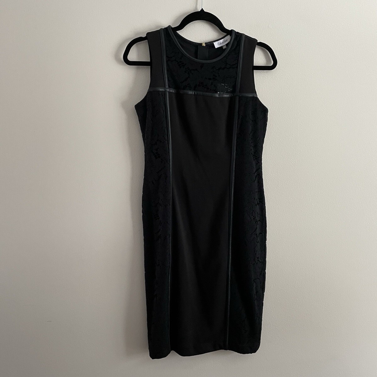 calvin klein leather trim dress Women 6 Black Faux & Lacy Sleeveless Sheath NWT evening party dresses