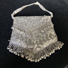 Beaded Sequin Fringed Flapper Gatsby Bag Satin Purse W/beaded Handle 20  s Look