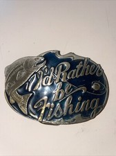 Vintage Great American Belt Buckle 523 Green Enamel I'd Rather Be Fishing