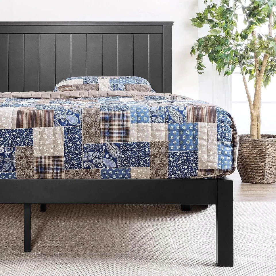 King Size Bed Solid Wood Headboard Platform Mid Century Modern Farmhouse Sleek - Image 4 of 4