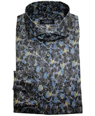 Langarmhemd eterna Comfort Fit nachtblau blau goldbraun Print 42-52 Green Level